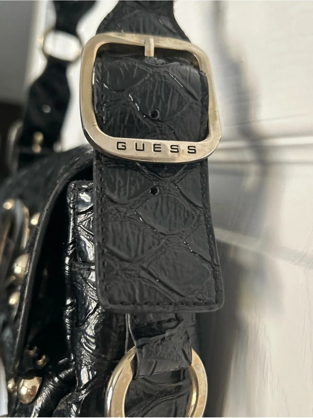 Guess Black Purse Croc-Embossed faux leather with large Silver Logo studded Y2K